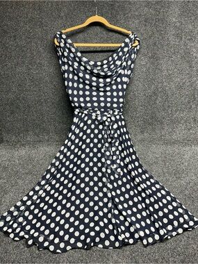 MSK Polka Dot Swing Dress 10 Navy Blue Cowl Boat Neck Chiffon Belted Elegant